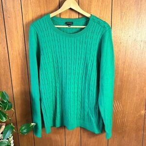Talbots Womens XL Green Cable Knit Shoulder Button Crewneck Sweater BD3027 06/21
